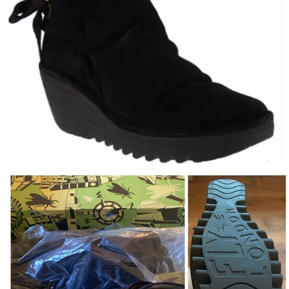 Fly London yebi suede 788Fly  Black Wedge ankle Boots with Chunky Heel